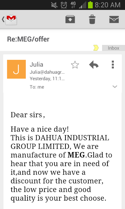 Spam email screenshot informing me of a company that manufactures MEG.