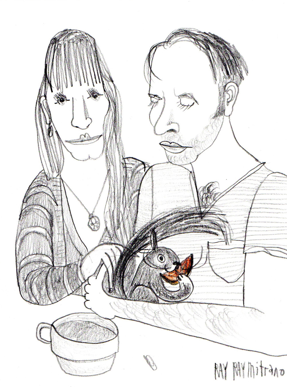 Drawing of Arthur and Meg with a squirrel eating an orange.