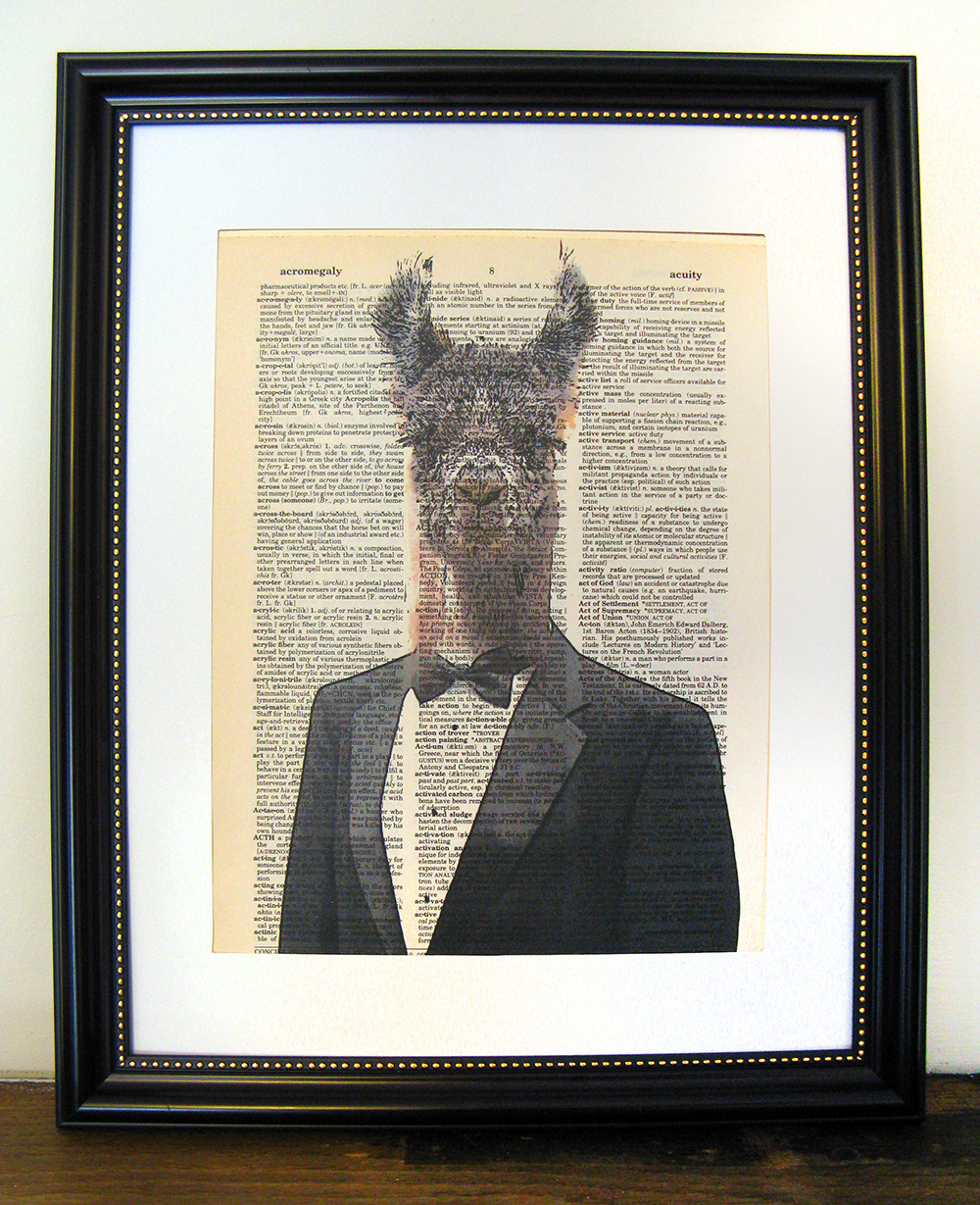 Screenprint of a llama in a tuxedo. The paper is a page from the dictionary.
