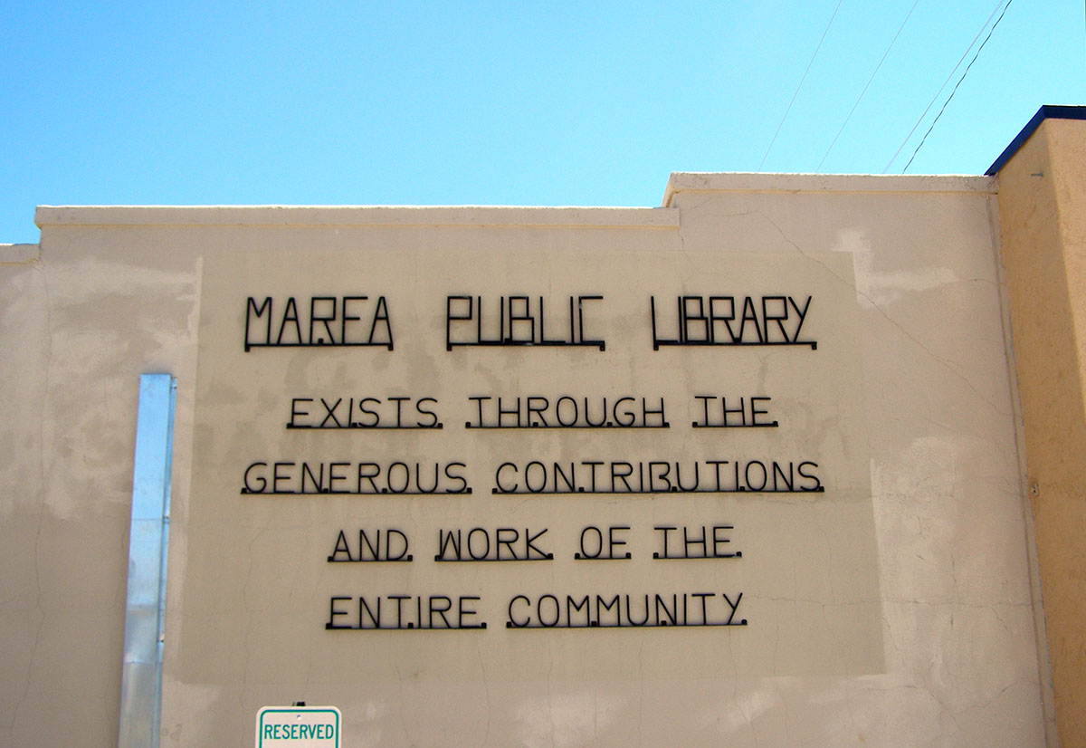 Marfa public library sign.