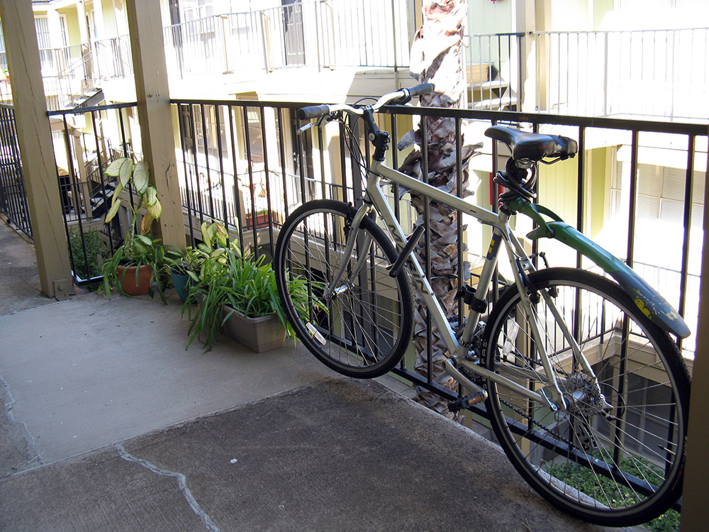 My bike is reassembled on the patio.