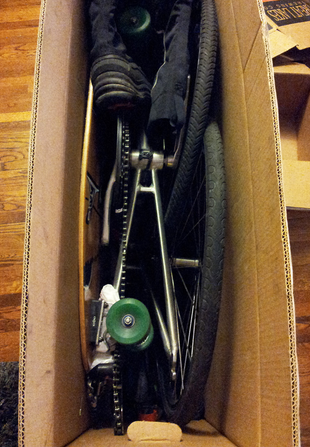 My bike disassembled in a skinny cardboard box.