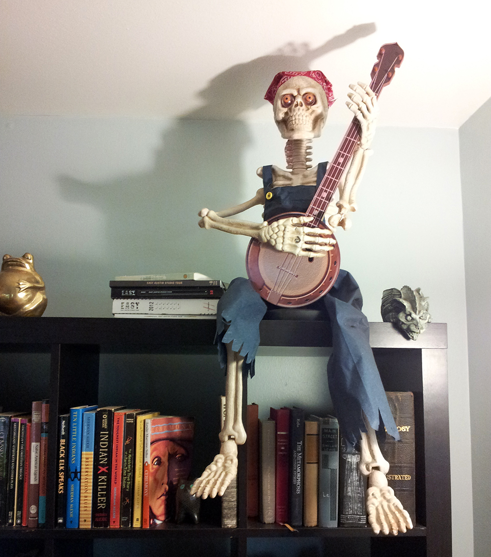 Skeleton with a banjo on our bookshelf.
