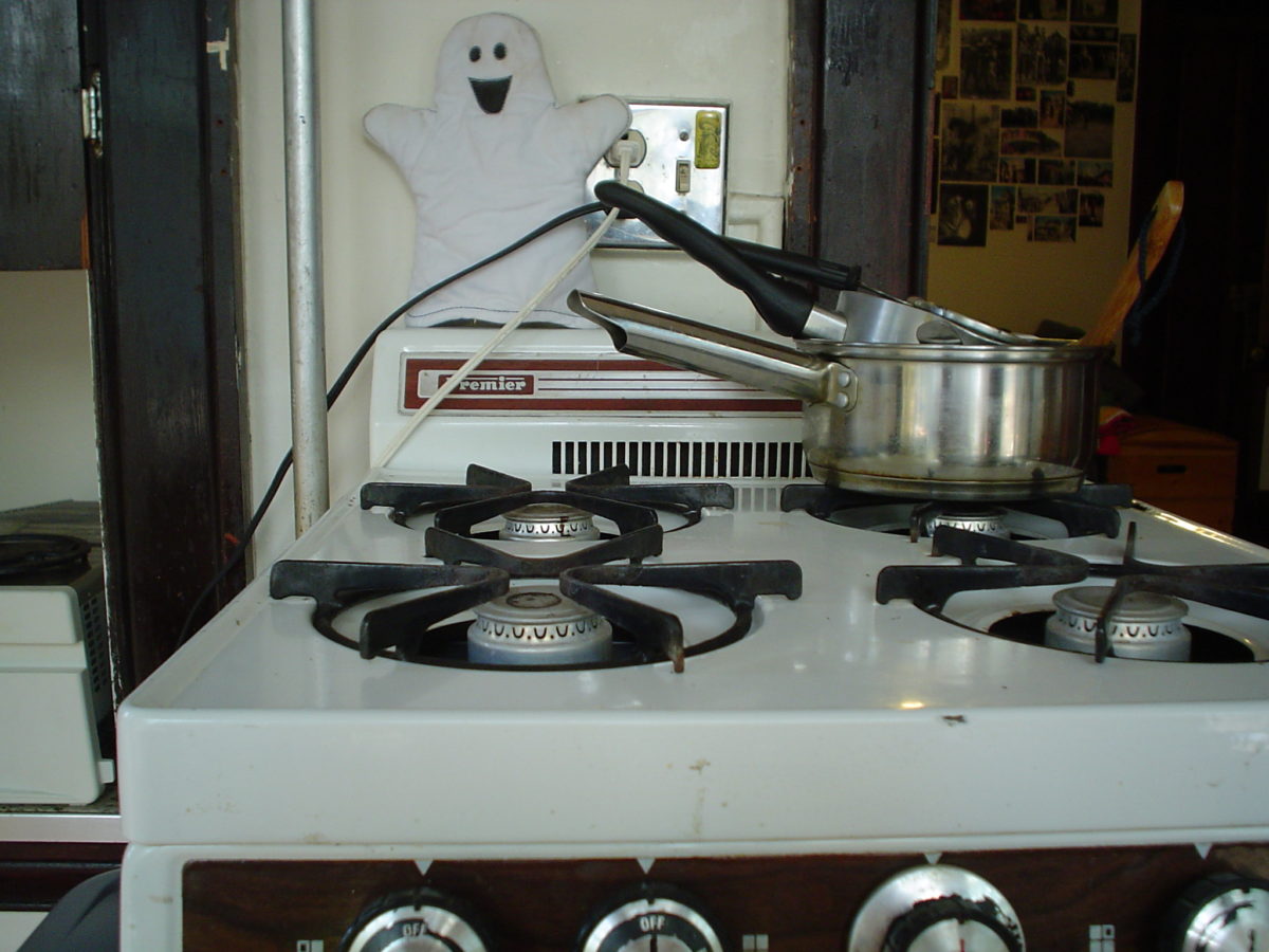 Meg's stove with ghost potholder