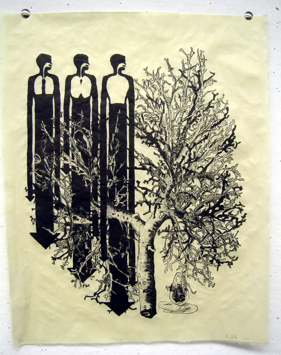 Print of a tree that looks like lungs with a person meditating at the trunk.