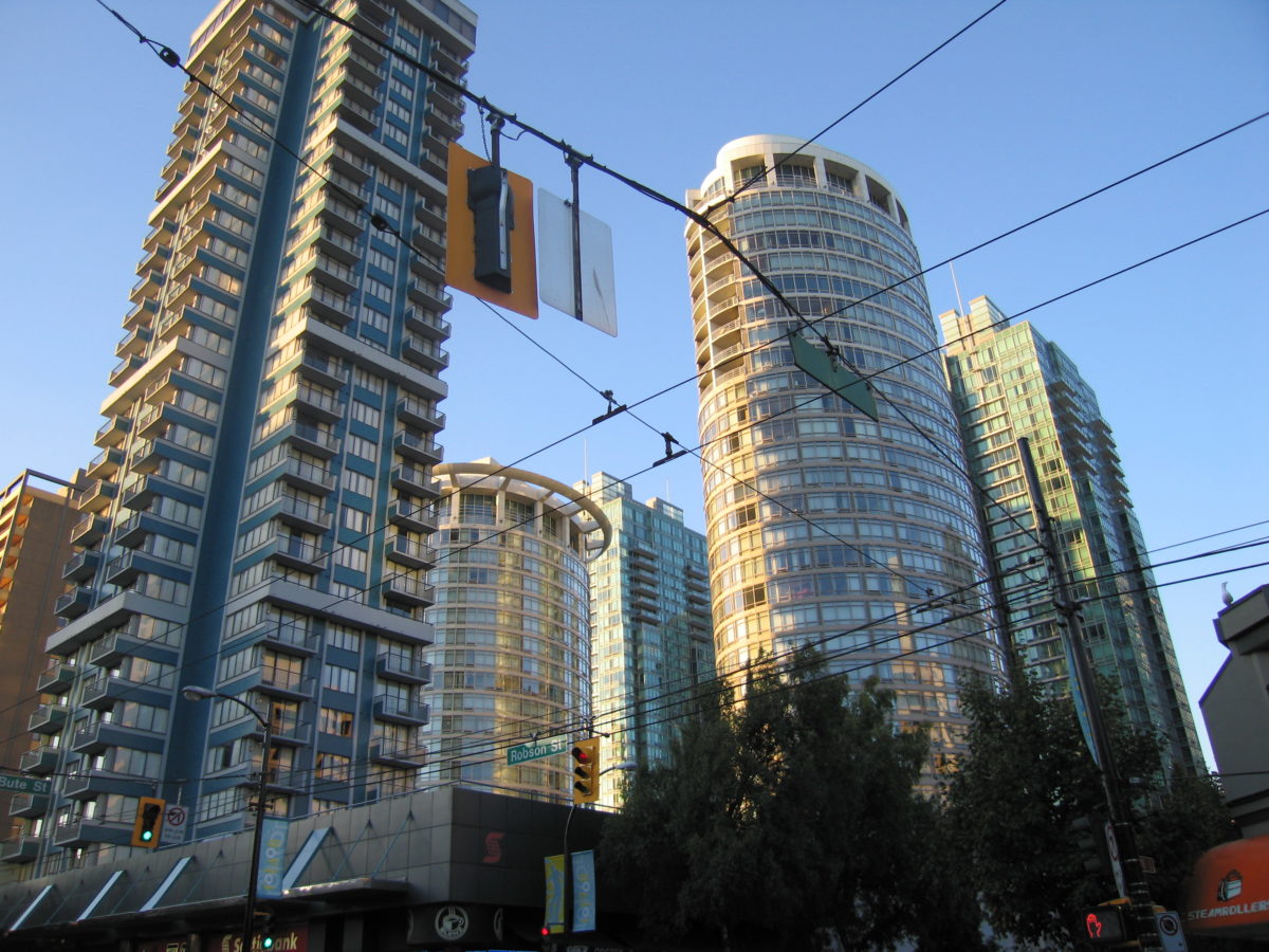 Condos with crisscrossed tram wires
