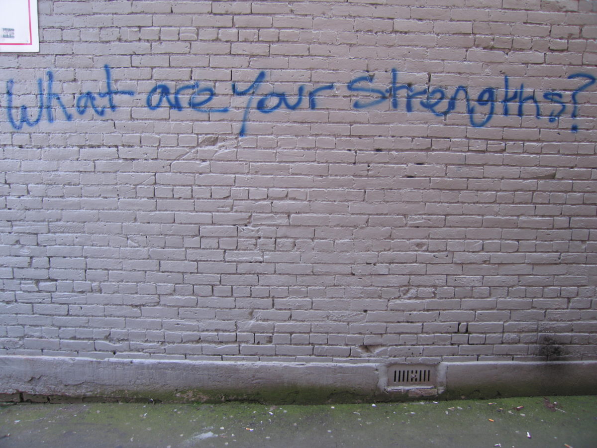 Grafitti that says, "What are your strengths?"