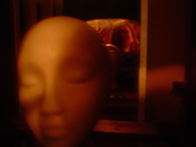 Meg in the background of a creepy styrofoam head, tres arty.