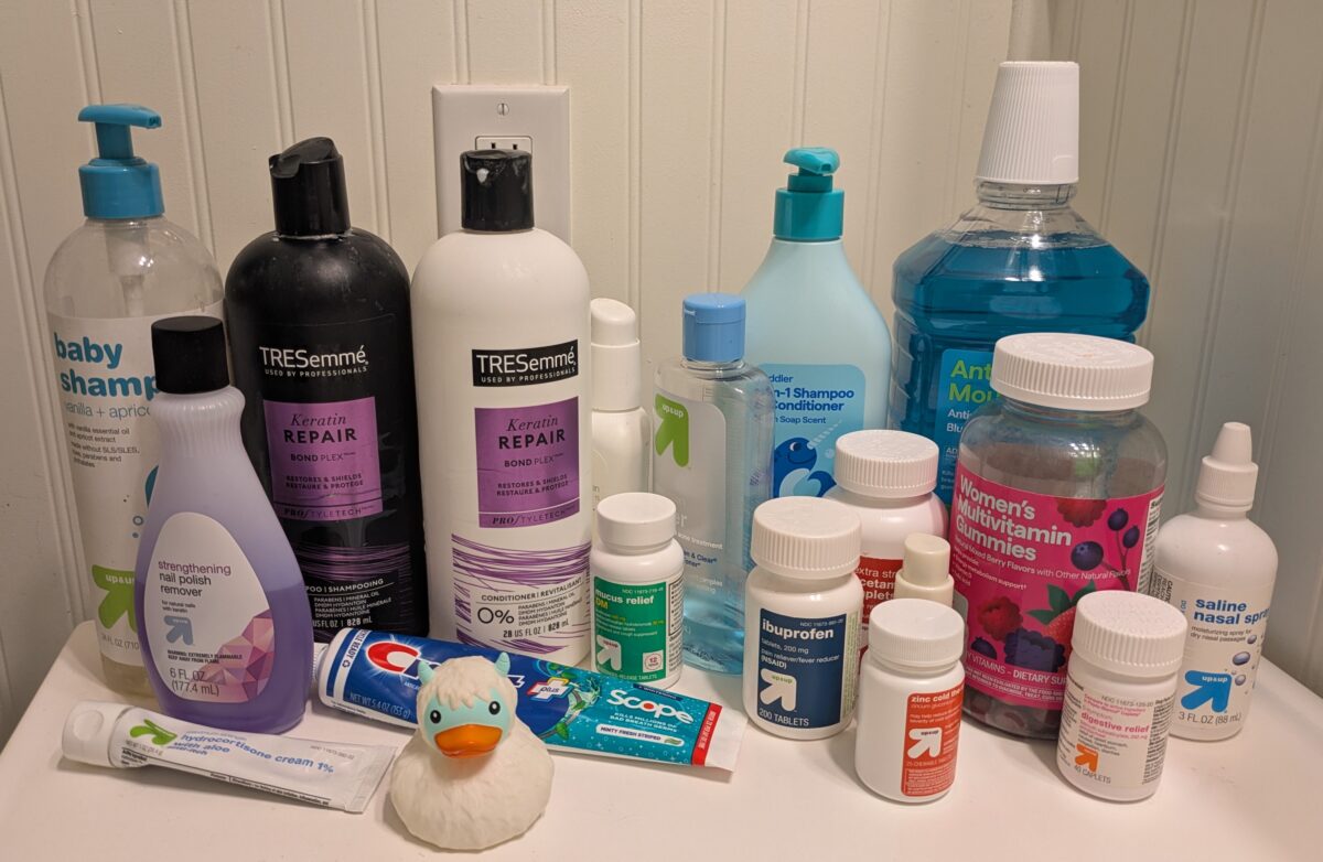 A collection of bath and beauty products from Target.
