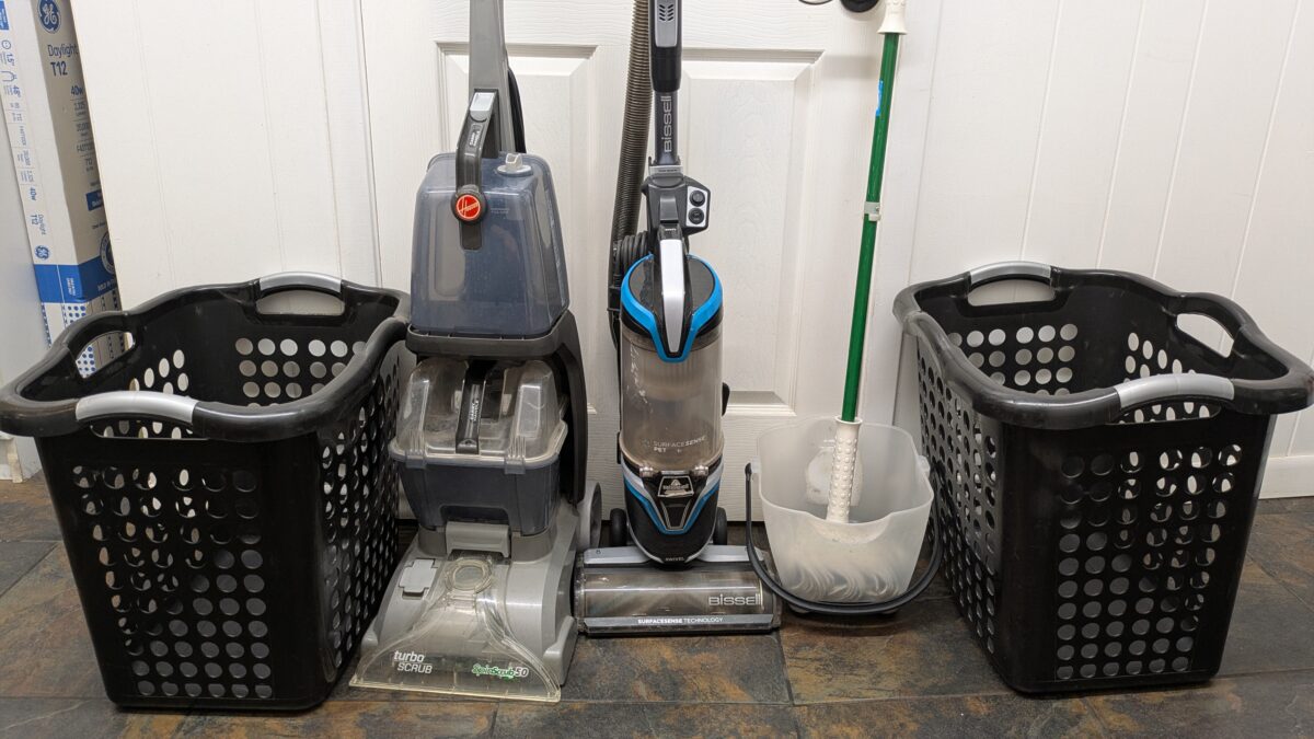 Laundry baskets, a rug cleaner, vacuum and mob and bucked from Target.