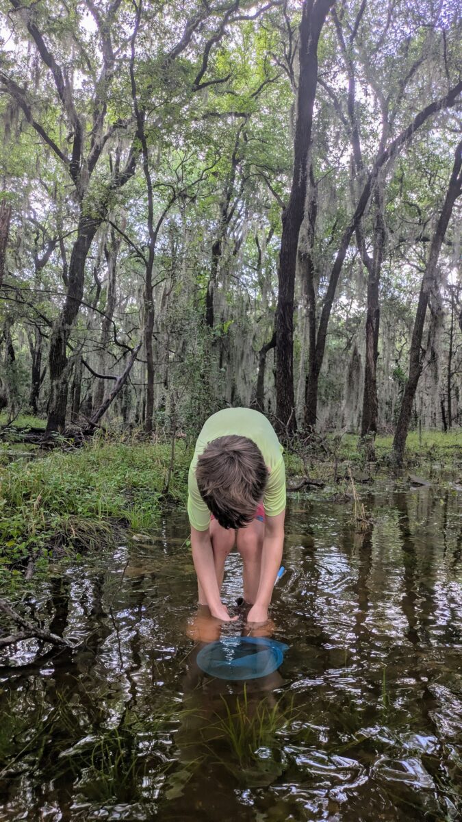 Boy bends to the creek.